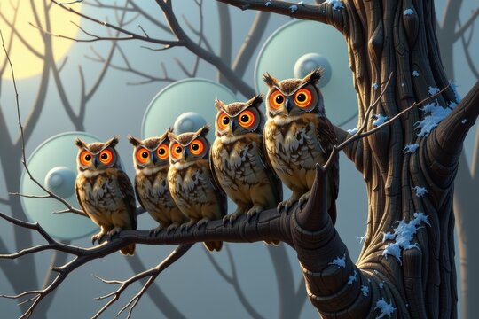 A flock of owls with eyes made of glowing, rotating radar dishes, perched on the branches of a petrified forest.