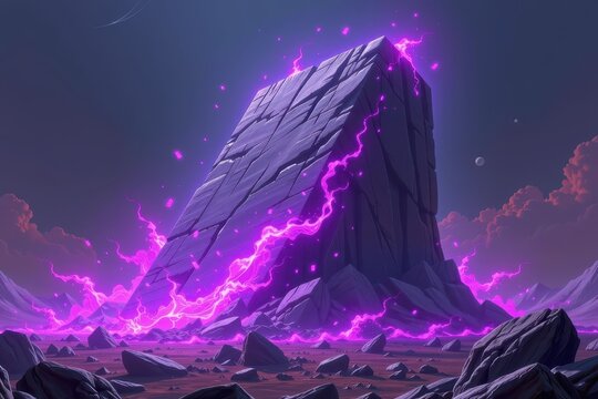 A massive, ancient stone monolith entirely consumed by a swirling, localized miniature storm of glowing, neon purple geometric shapes.