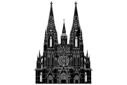 A detailed illustration of a historic cathedral showcasing architectural grandeur with twin spires standing tall against a clear sky