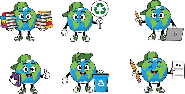 Set of cute cartoon earth globe characters wearing caps holding books laptop recycle bin and pencil in various poses isolated on white background vector illustration