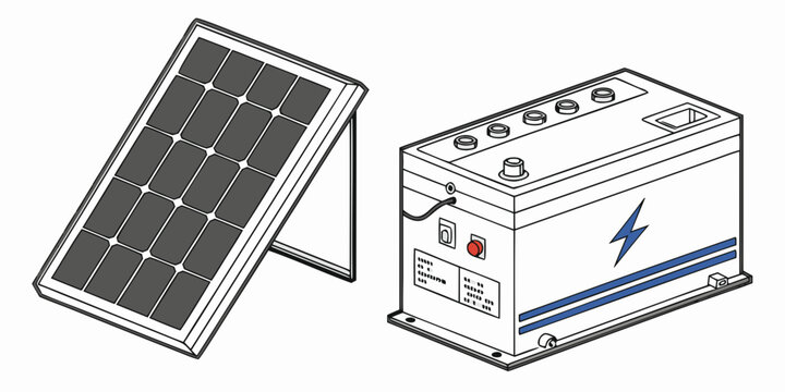 Solar panel and large battery power energy storage unit illustration with off grid renewable energy eco friendly power bank renewable electricity sustainable technology photovoltaic component