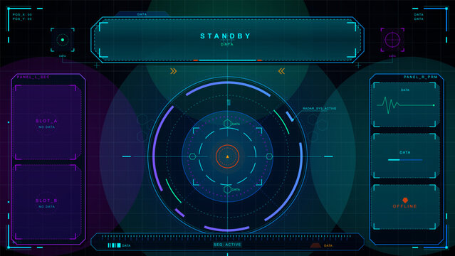 Futuristic standby HUD interface with central circular radar, empty slot panels, signal chart widgets, offline status, and neon cyan grid background