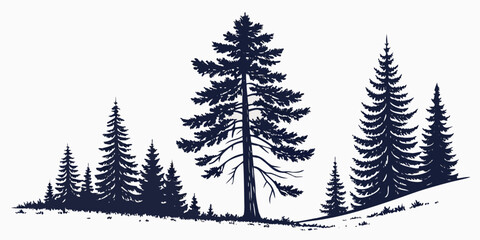 Silhouette illustration of a coniferous pine forest on a hillside with pinetree silhouette landscape woodland illustration outdoors evergreen mountain environment monochrome botanical © Sp
