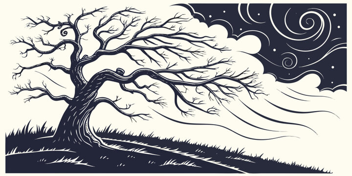 Artistic silhouette of a windblown bare tree under a swirling night sky with silhouette landscape branches illustration monochrome dramatic mystical outdoors environment starlight celestial