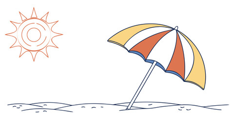 Summer beach scene with sun and striped parasol seashore vacation tropical sunshine seasonal relaxation background illustration minimalist paradise sunlight recreation © Sp