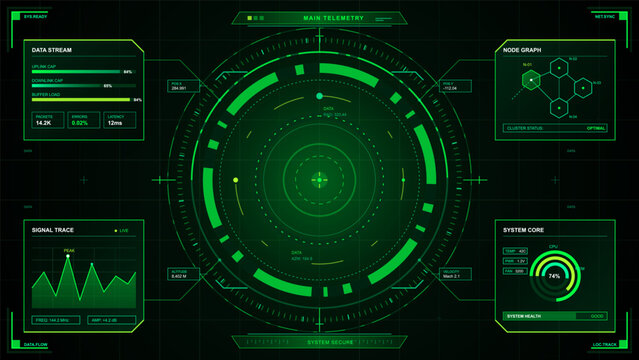 The screen shows data stream metrics and system core status at a tech monitoring station. Signal trace and node graph provide detailed performance analysis.