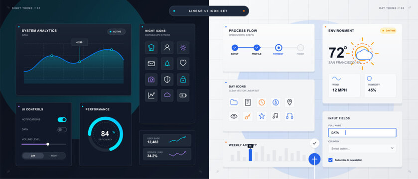 Split day and night linear UI icon set with analytics dashboard, process flow, weather card, input fields, controls and clean grid panels.