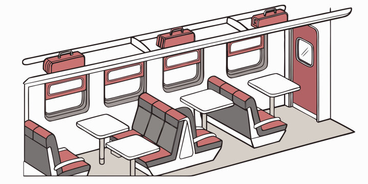 Interior view of dining car on passenger train with tables and seats carriage restaurant interior transport isometric passenger structure illustration suitcase overhead environment