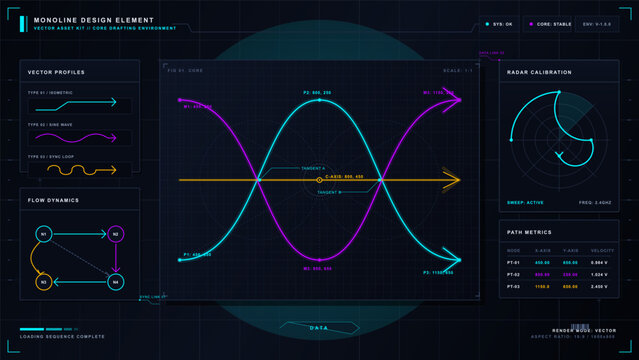Dark futuristic monoline design dashboard with neon vector paths, waveform arrows, flow diagram, radar panel, and drafting grid interface