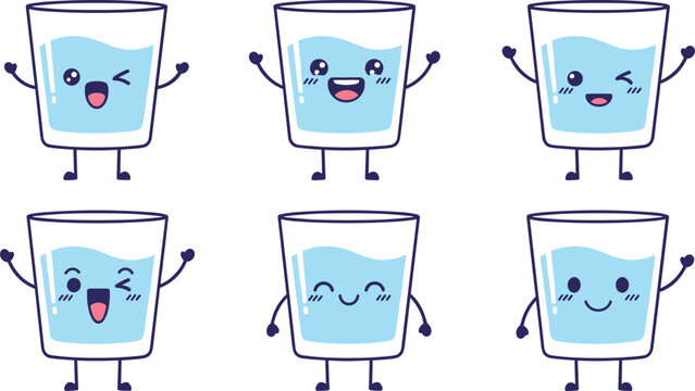 
Cute Kawaii Water Glass Characters Set with Six Different Happy and Funny Facial Expressions Smiling Cartoon Mascots