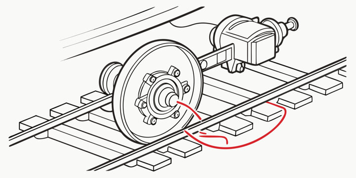 Diagram of a train wheel and braking system on tracks with railroad engineering technical mechanical transportation mechanism assembly industrial blueprint schematic infrastructure systemic