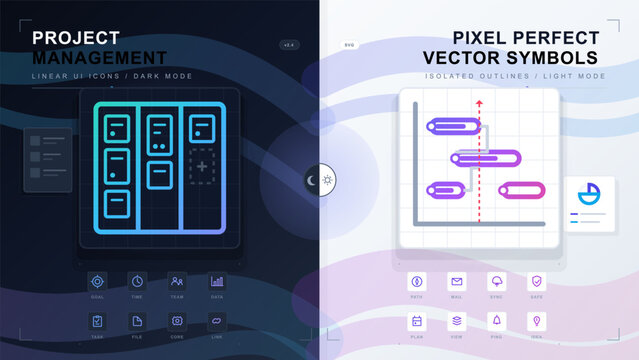 Split dark and light project management UI icon set with kanban board, timeline chart, outline symbols and clean grid interface panel layouts.