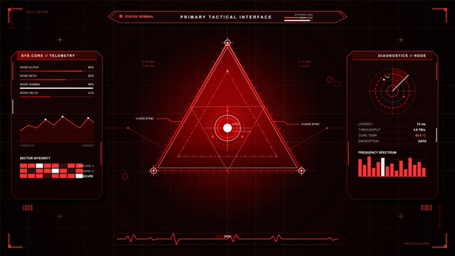A tactical interface displays telemetry data and diagnostics in a red color scheme. The system status indicates core, node, and network performance during an operation.