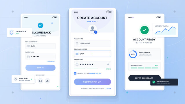 Clean account authentication app interface with login, secure signup, verified profile setup, encryption widgets and network traffic chart.
