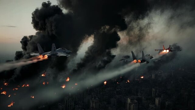 Military jets soar through smoke-filled skies, leaving fiery trails over a cityscape during an intense aerial battle
