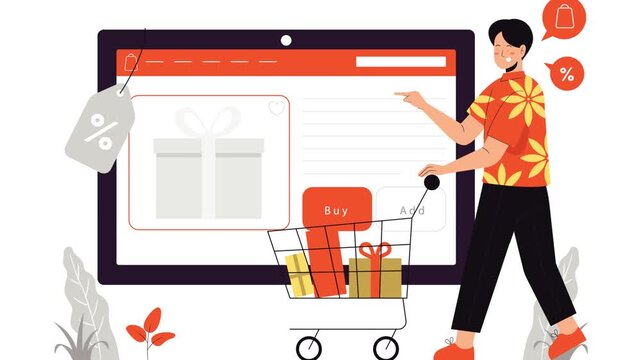 Man shopping online with cart and gifts on ecommerce website homepage