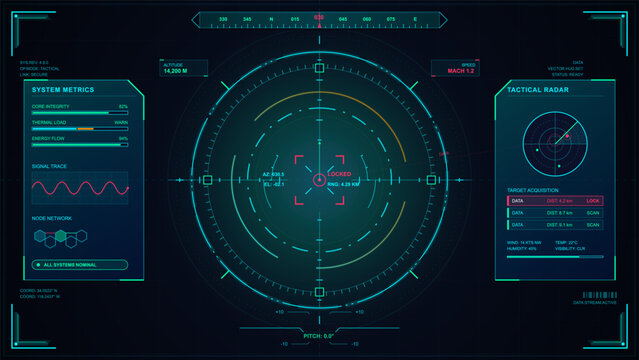 Dark tactical radar HUD vector with locked target reticle, system metrics, signal trace, node network and target acquisition panels on grid