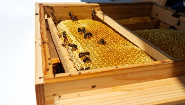 Close-up of bees working on honeycomb in a wooden beehive apiary scene detailed macro shot