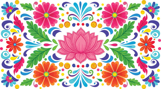 Colorful mexican folk art floral pattern with lotus flower daisies leaves and decorative swirls isolated on white background flat style vector illustration