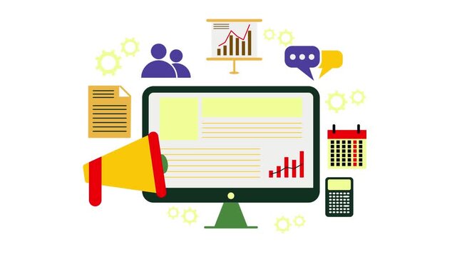 Business presentation on computer screen with graphs and icons