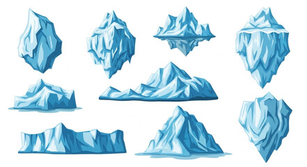 Collection of various blue icebergs floating in water. © Rizky