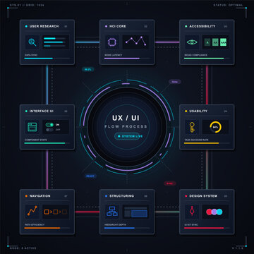 The flow process shows components of UX UI design. Each area has a specific role, including user research, usability, navigation, and accessibility.