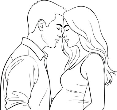 Romantic couple line art illustration, man and woman facing forehead touching pose, love relationship outline drawing for wedding, valentine, and decorative design use