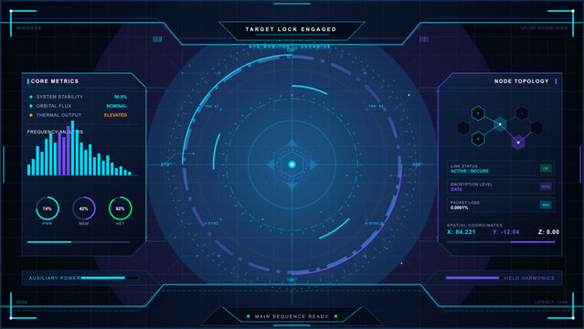 Data is shown on a digital dashboard with various metrics. Core metrics indicate system stability and other technical values. The target lock is engaged.
