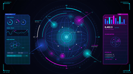 Futuristic neon HUD dashboard with glowing spherical network map, data graphs, node panels, and cyber interface on a dark digital background © Антон Сальников