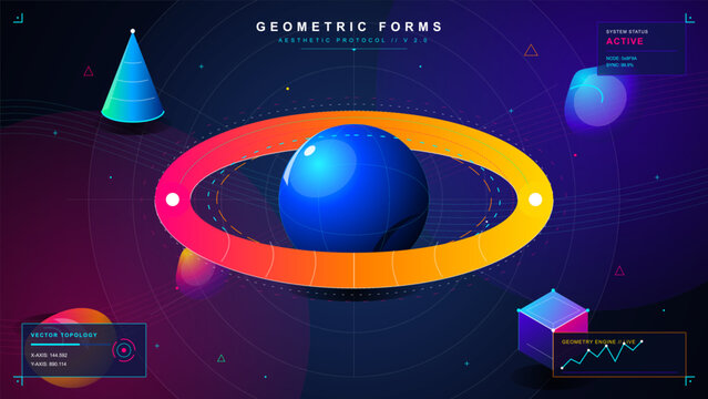 Futuristic geometric vector artwork with glossy blue sphere, neon gradient orbital ring, cones, cube and HUD panels on dark space background