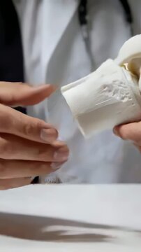 Vertical video: Lifting model, Dr in coat turning knee joint near camera showing tibial detail