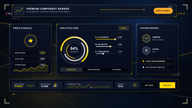 Futuristic dark interface banner with yellow analytics gauge, profile module, system badges, status controls and data panels in sleek HUD style