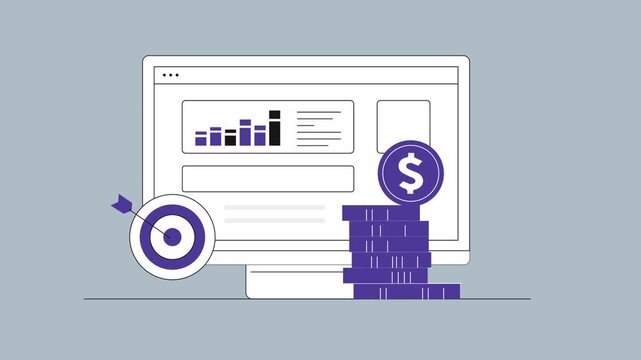 A graphic illustration showing a computer screen with a purple coin and money stack highlighting financial data analysis and business growth.