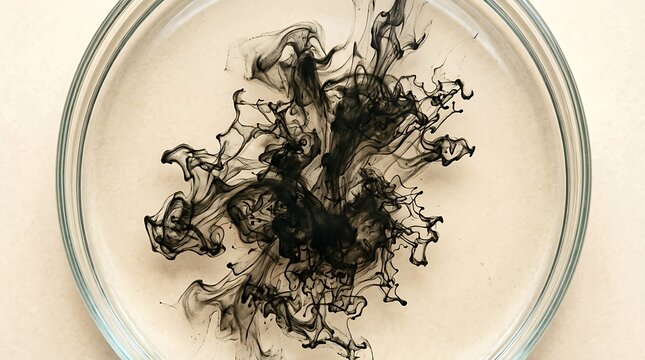Abstract black ink swirl in petri dish, dark liquid pigment dissolving in laboratory glassware, scientific chemical reaction background