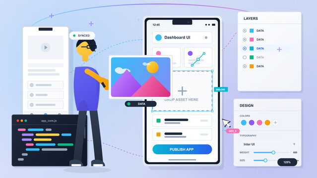 Flat vector illustration of a developer building a mobile dashboard UI with image asset, code window, layers panel, design controls and sync status
