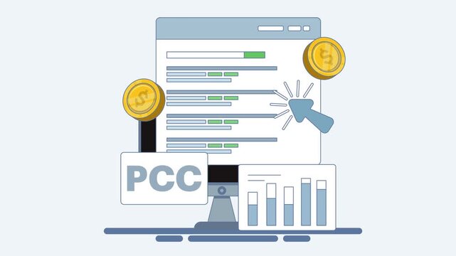 A graphic illustration of a laptop displaying a webpage with PCC and a megaphone, surrounded by coins and a bar chart.