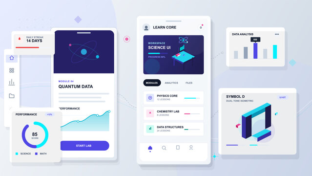 Modern education app interface with science course cards, mobile learning screens, performance charts and soft isometric UI panels on pale backdrop.