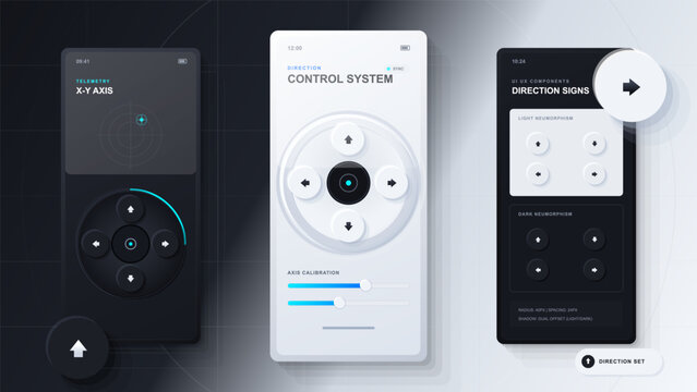 Neumorphic direction control app interface with arrow buttons, axis calibration sliders, dark and light mobile screens and component set on grid