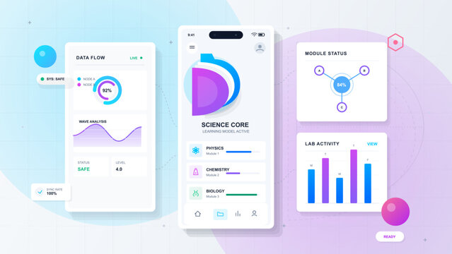 Clean science learning app interface with mobile dashboard, data flow panels, module status diagram and lab activity charts on pastel grid background