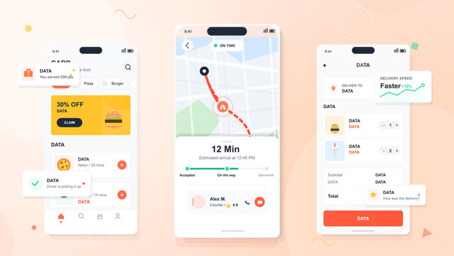 A delivery app displays information on an order. It shows estimated arrival time, delivery speed, and notes about the pickup location. The screen shows a map and order status.
