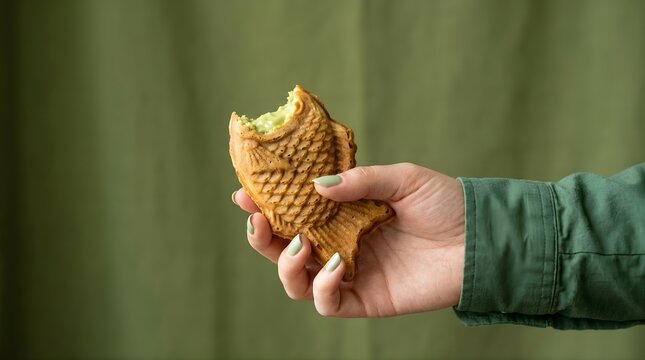 Hand Holding a Delicious Japanese Fish Shaped Taiyaki Pastry with Matcha Green Filling Against a Minimalist Green Fabric Background