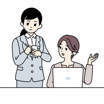 パソコン操作の手本を見せる女性の先輩とメモを取る後輩。ベクター素材