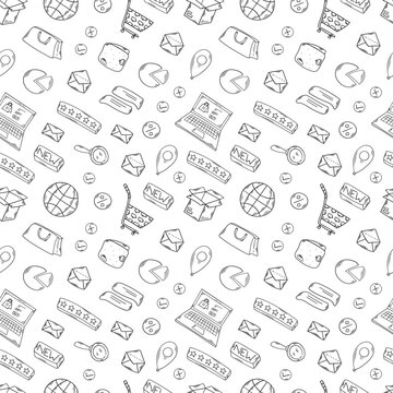 shopping pattern. online shopping seamless pattern. doodle digital shopping seamless pattern background