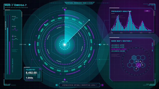 Futuristic virtual reality HUD interface with circular radar display, frequency analysis chart, node map, telemetry, and neon cyan purple grid