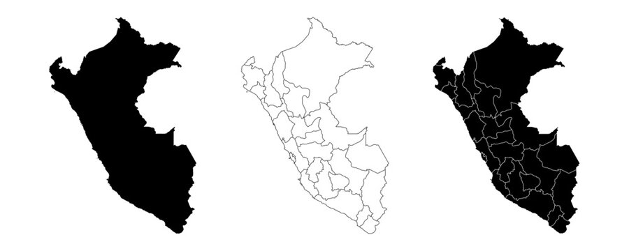 Peru map isolated on white background. Peru country map. Peru political map.Outline map.Solid simple style. Peru map silhouette linear and black illustration. Black and white. Vector editable.