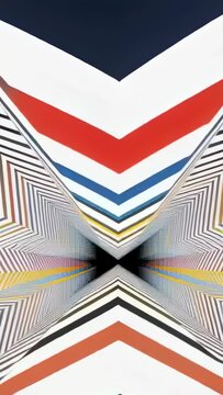 Vertical video: Cycling color driving V chevrons sliding in tunnel with striped panels to dark void