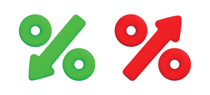 Vector cartoon 3d percent up and down icon set. Cute realistic growth red and downward green percentage sign with arrow. Minimal 3d render rate symbols for loyalty, discount, banking app, web, advert.