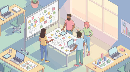 Fototapeta premium Diverse Creative Team Brainstorming in Modern Office Illustration, Business Strategy Meeting with Whiteboard and Sticky Notes