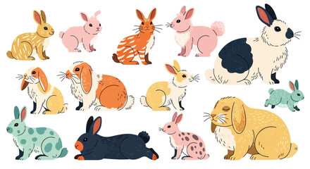 Obraz premium Colorful rabbit icons, cute bunny illustrations, vector rabbit collection, Easter bunny graphics