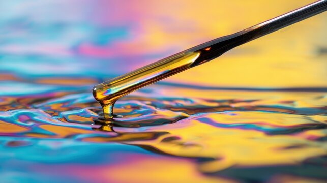 drop of engine oil on dipstick, rainbow oil film on water surface, macro texture, reflective light, realistic fluid behavior, high detail